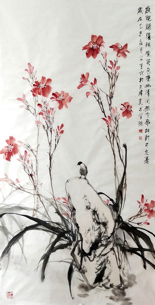 刘文生四尺整纸软片精品68x136cm《萱草小鸟》